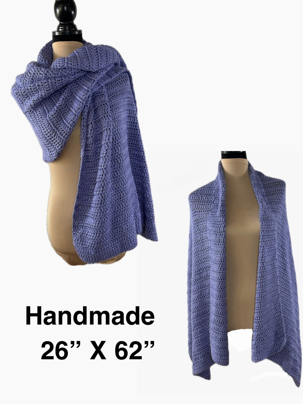 Handmade Lavender Open Front Crochet Sweater Wrap. 26” X62”